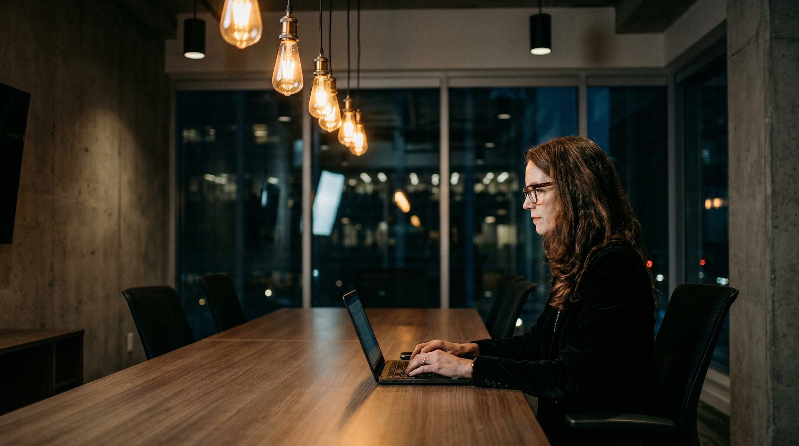Dark modern office space with warm pendant lighting and city view at dusk — representing focused, precise work