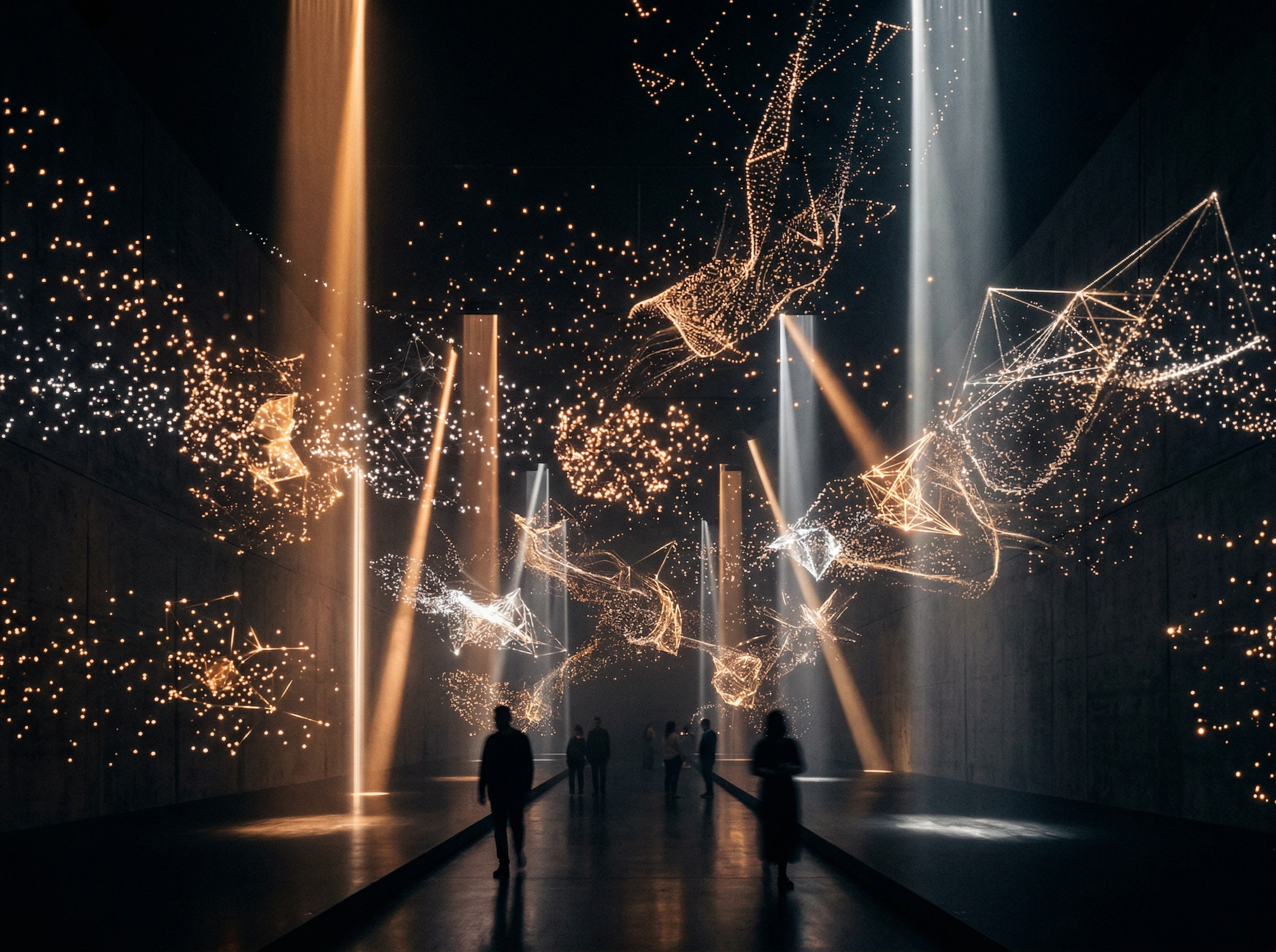 Immersive digital transformation visualization — particle systems and light networks in dark space