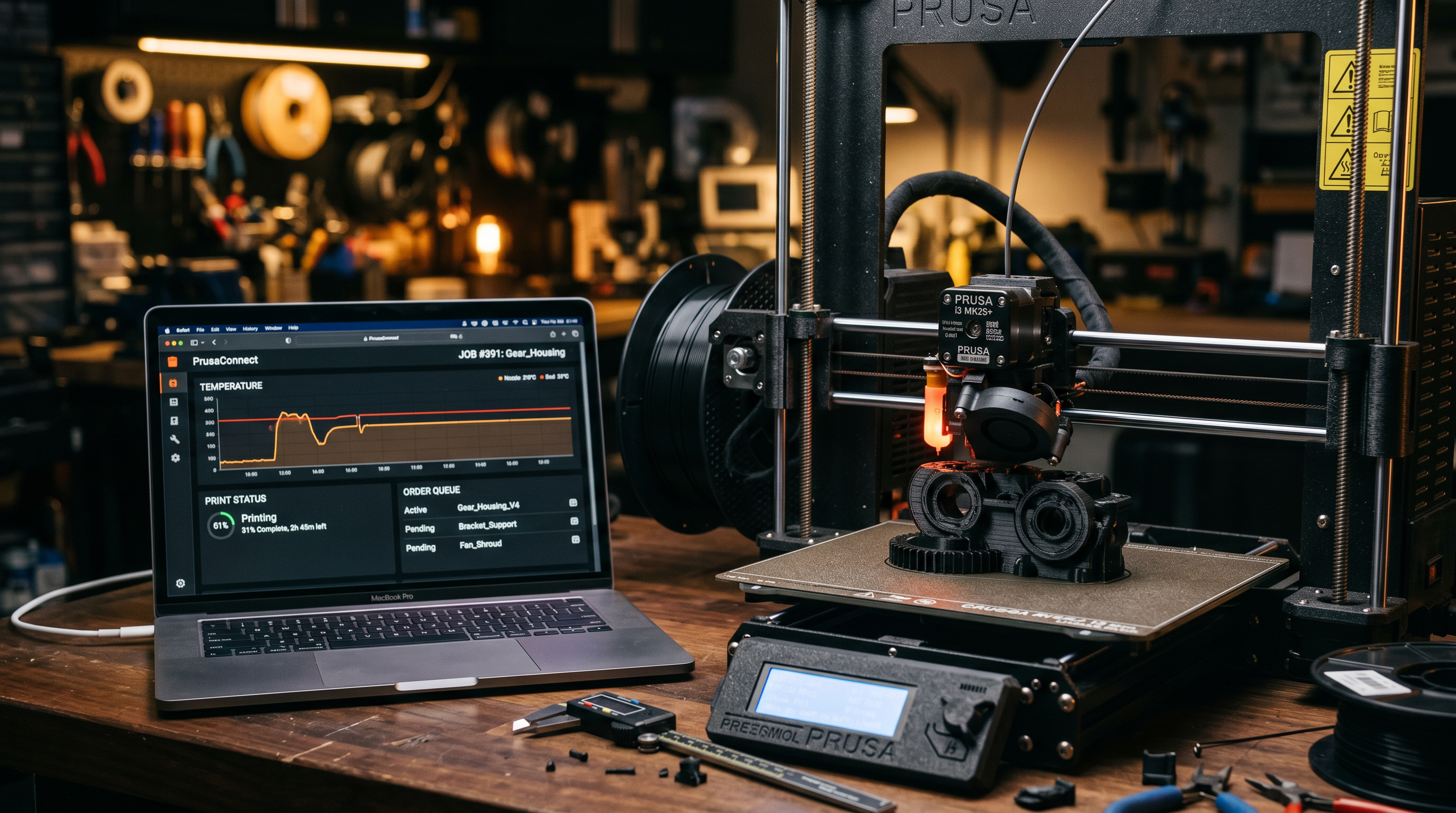 3D printer running beside a laptop showing a custom order queue and print status dashboard
