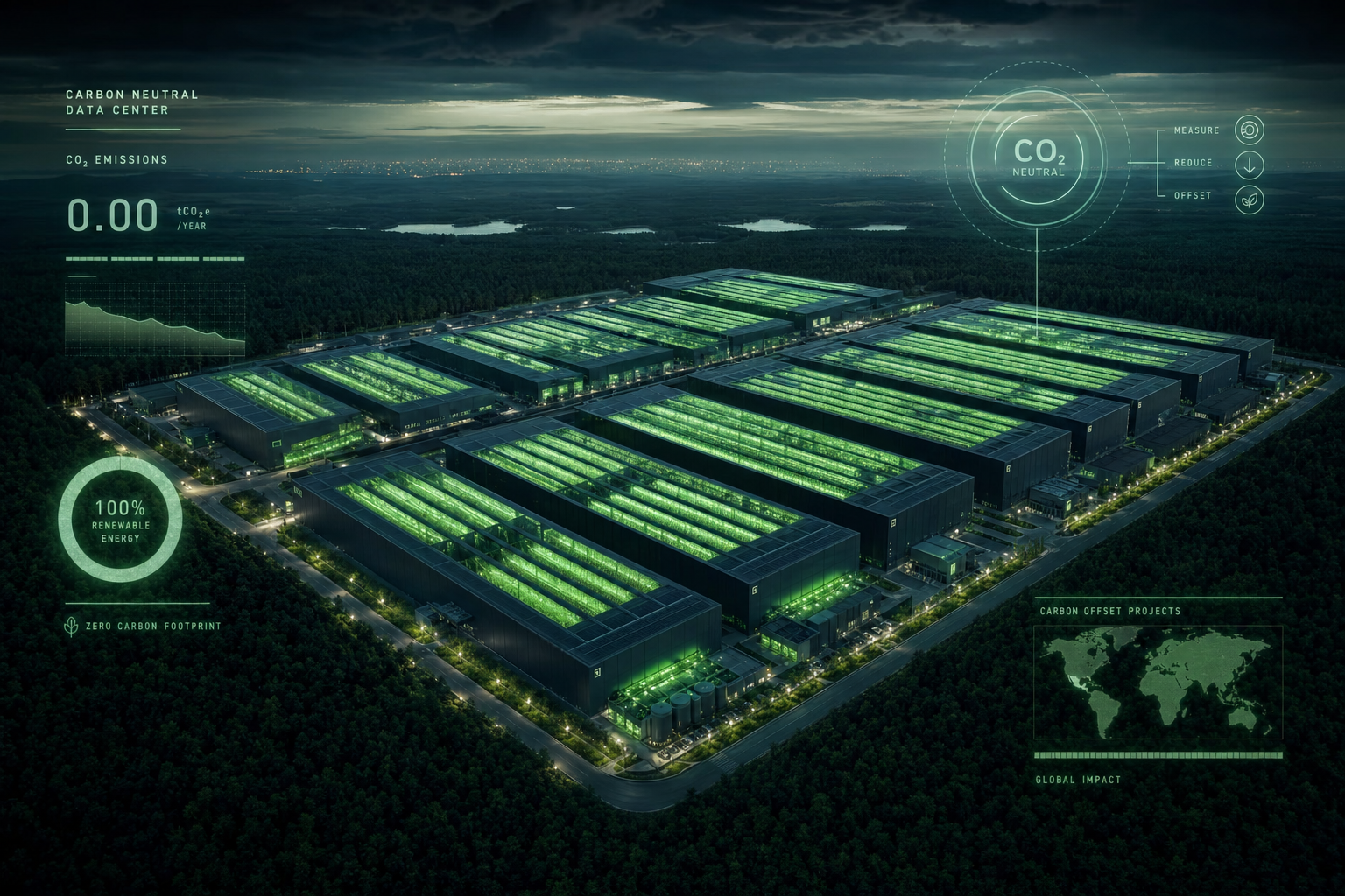 Carbon-neutral data center glowing green at night, surrounded by forest, with CO₂ emissions data overlaid