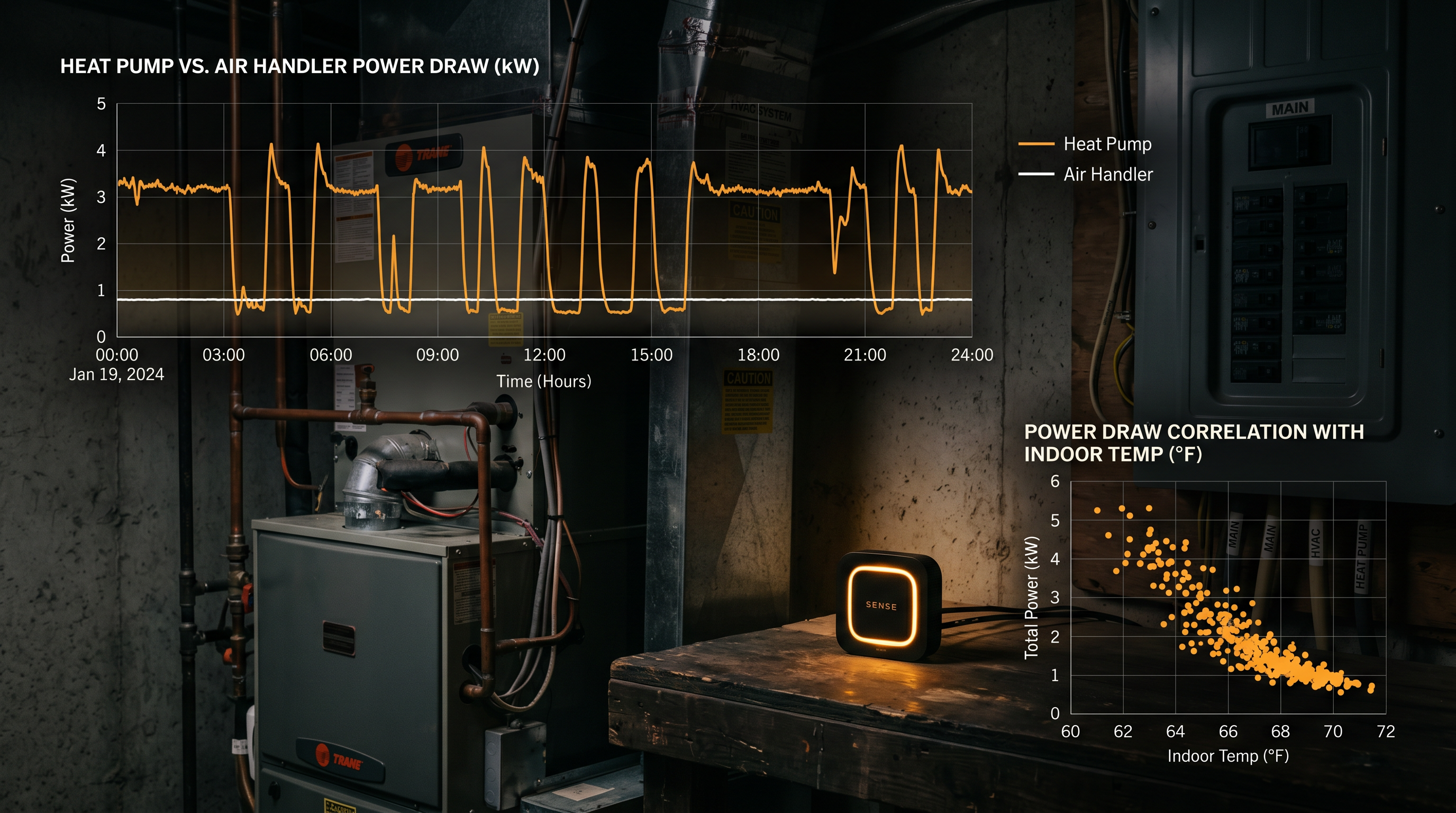 Sense Energy Monitor and HVAC equipment with overlaid power draw charts and temperature correlation scatter plot