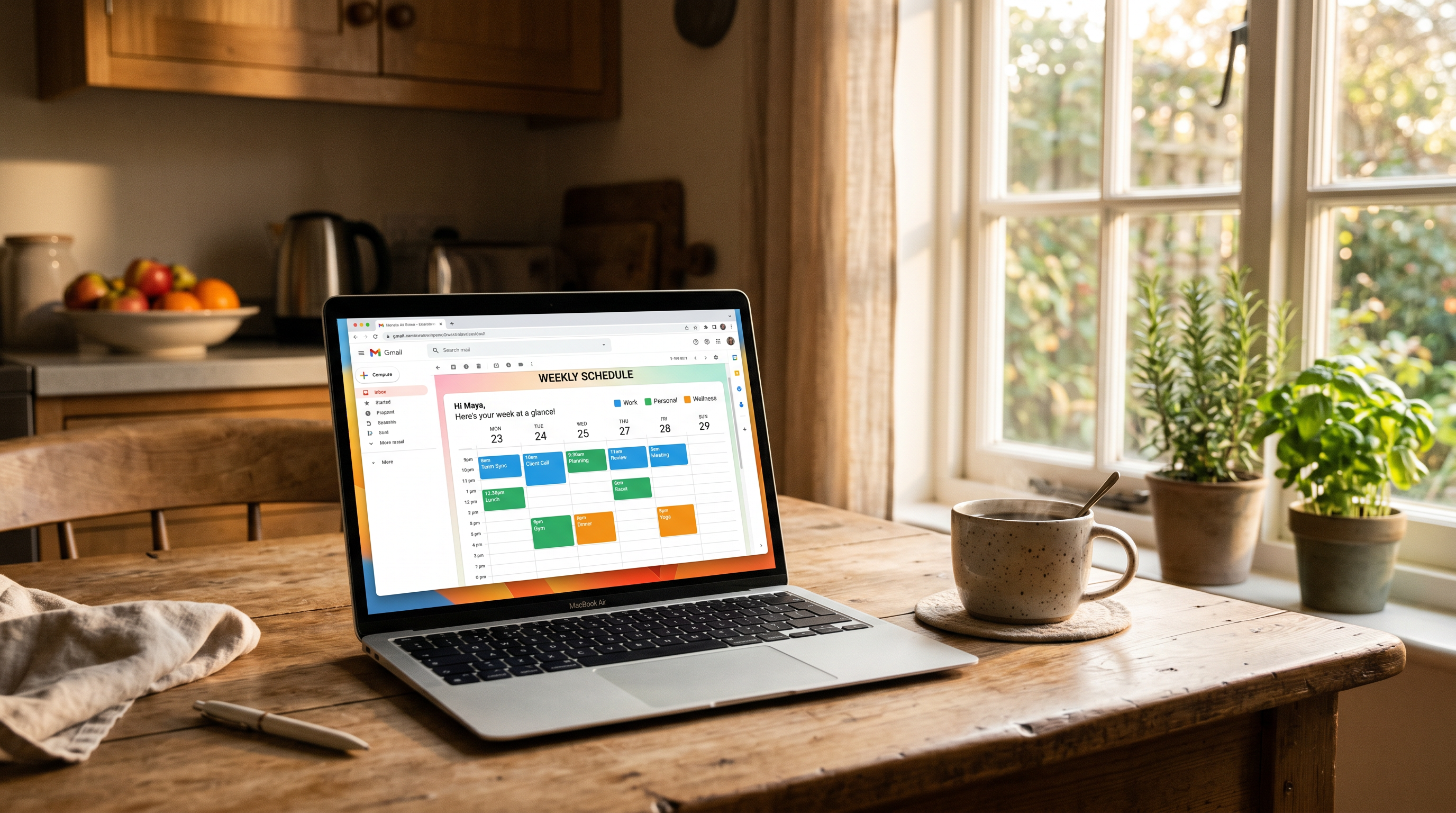 Laptop on kitchen table showing a formatted weekly schedule email, with morning light and coffee cup