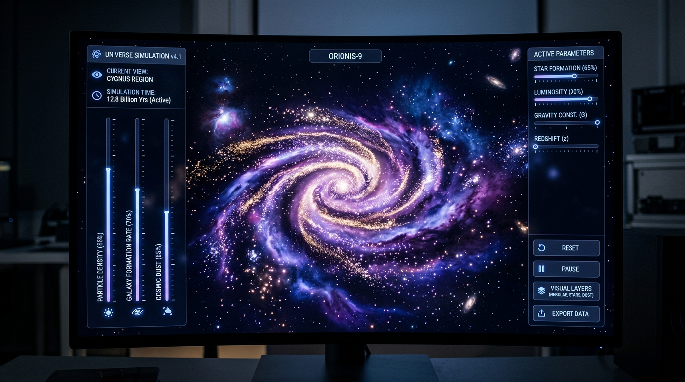 Universe simulation interface showing a spiral galaxy with procedural particle systems, sliders, and cosmic controls