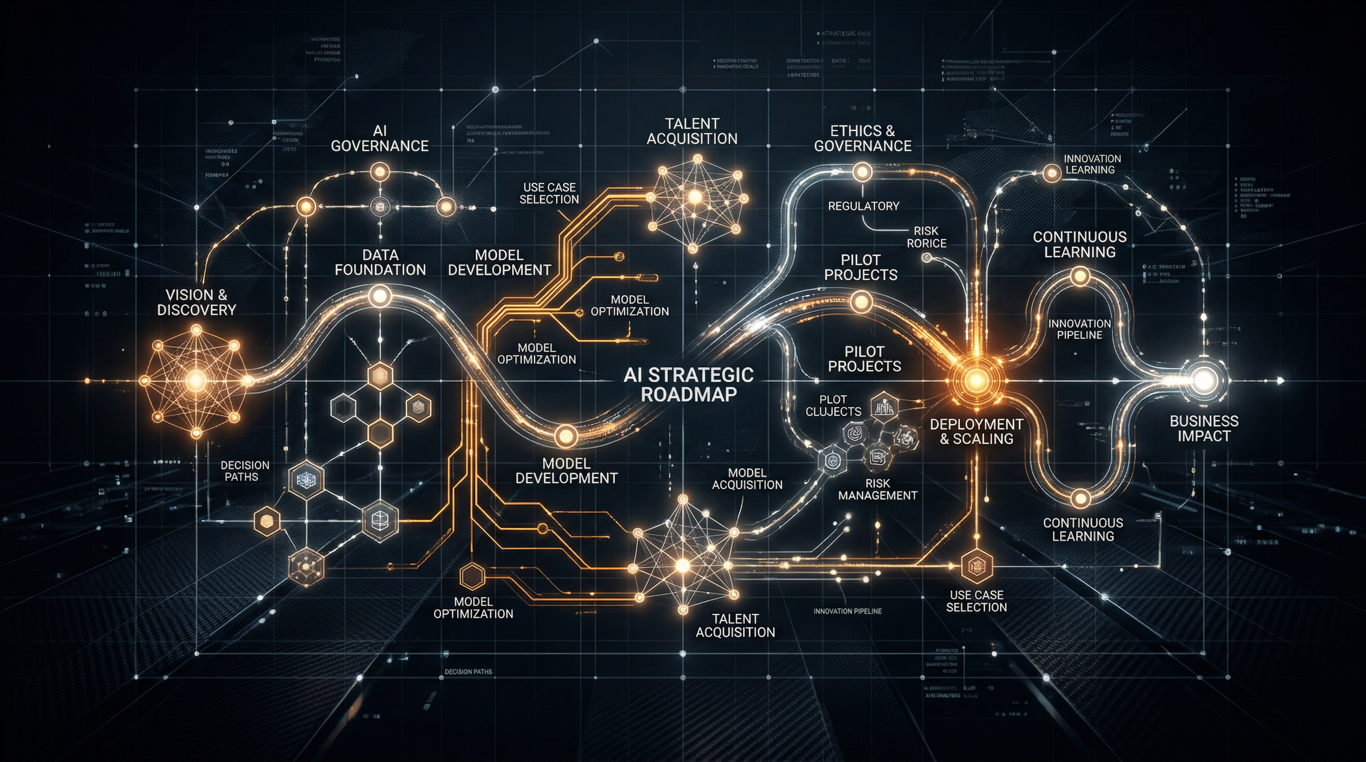AI strategic roadmap visualization — interconnected decision nodes on dark background