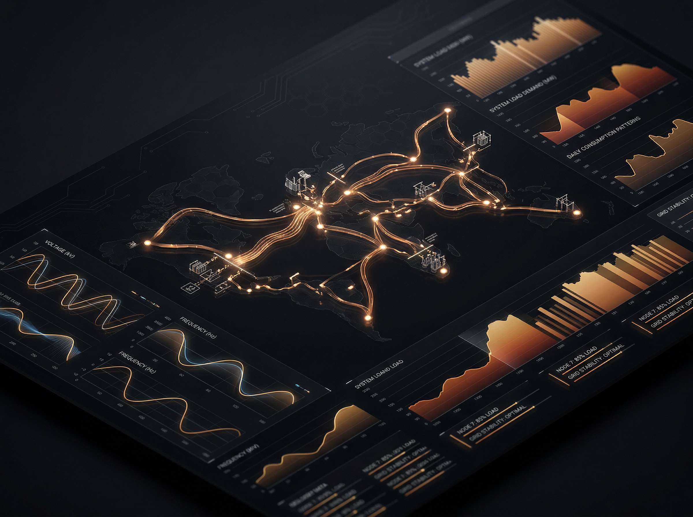 Power grid and energy data analytics dashboard — flowing amber data streams on dark background